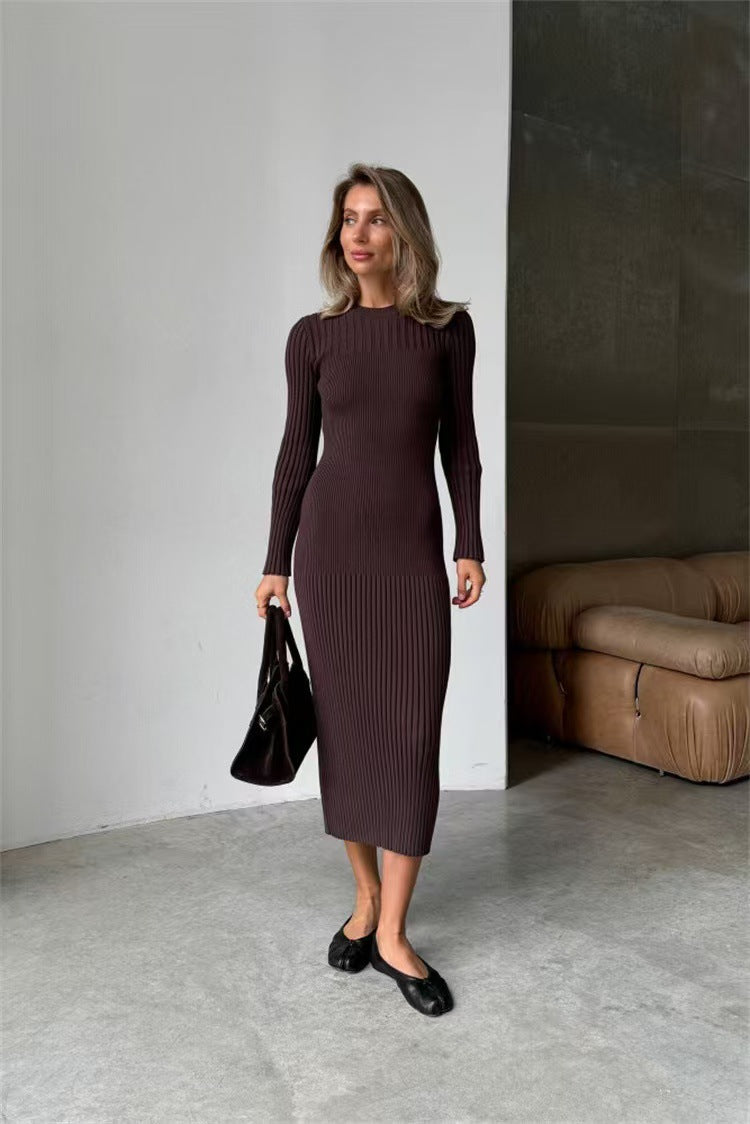 New  long-sleeved autumn and winter sweater skirt women's knitted round neck pit strip solid color tight dress women