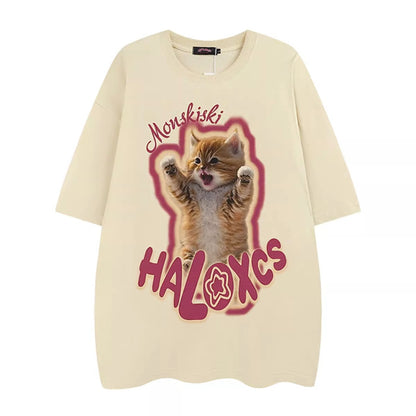 VLOVELAW Pure Cotton Good Goods American Summer Cute Cat Print Loose Leisure All-Matching Short Sleeve T-shirt Women's Half Sleeve Shirt Fashion