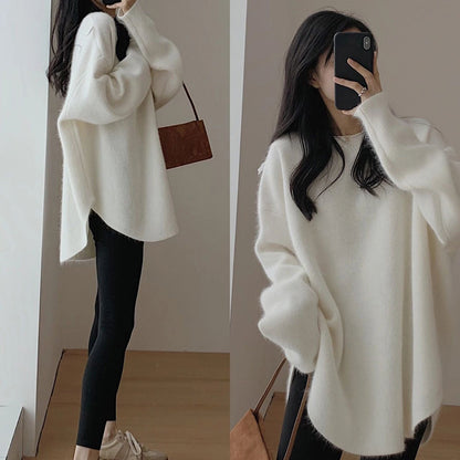 Autumn and winter sweater  new women's clothing loose medium and long lazy style Korean version knitted sweater women's clothing jacket tide