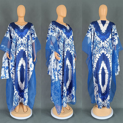VLOVELAW Cross-Border European and American Women's Clothing African Middle East Ethnic Style Retro Long Gown Mesh Printed Tape Headscarf Dress 9004