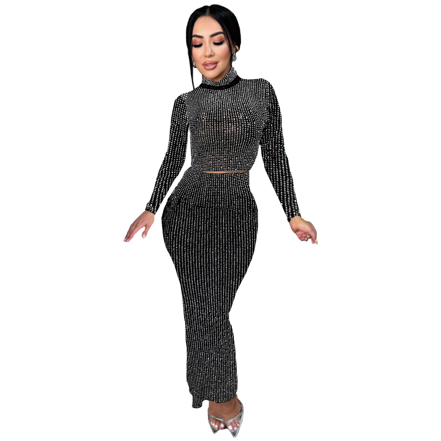 2025 C7093    Popular and  Fashion Women's Clothing Hot Diamond Slim Bag Arm Long Sleeve Two-piece Skirt New