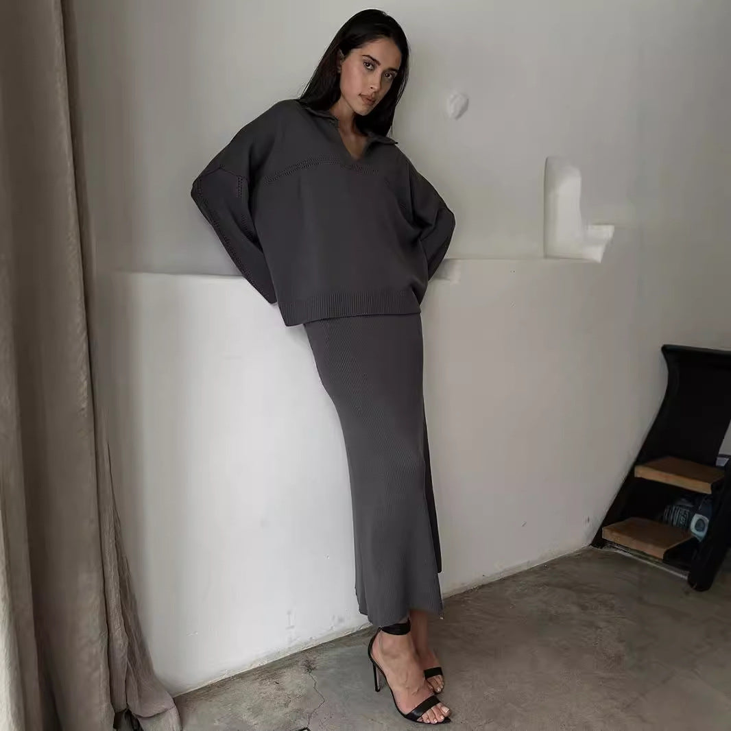 KKBOXLY Cross-border knitted set Europe, America New winter new fashion simple style V-neck knitted sweater skirt set