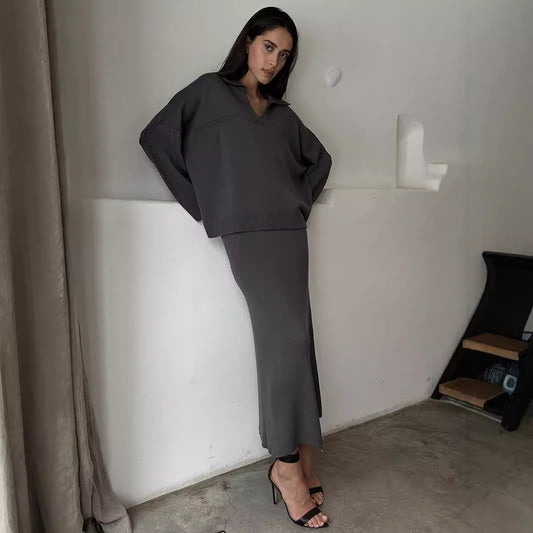 KKBOXLY Cross-border knitted set Europe, America New winter new fashion simple style V-neck knitted sweater skirt set