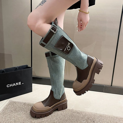 Coarse heel cowboy boots women's popular new western metal buckle versatile thick-soled round head mid-tube boots