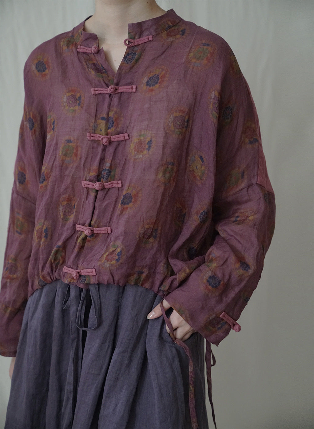 retro light Chinese printed ramie loose cardigan, early autumn national tide contrasting color art shirt S22277
