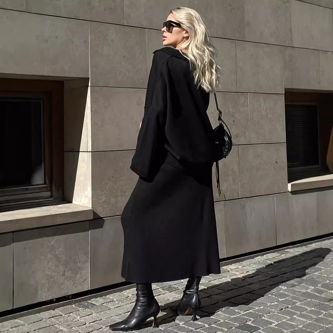 KKBOXLY Cross-border knitted set Europe, America New winter new fashion simple style V-neck knitted sweater skirt set