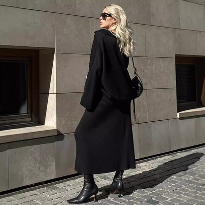 KKBOXLY Cross-border knitted set Europe, America New winter new fashion simple style V-neck knitted sweater skirt set