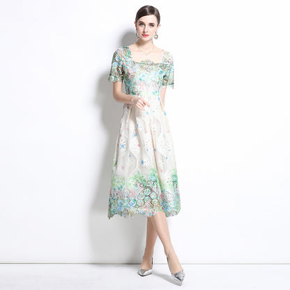 Medium and long hollow water-soluble lace dress women's short-sleeved spring and summer  new slim-fit temperament high-end skirt