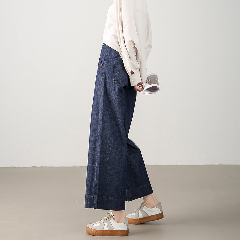 2025  Spring new retro denim wide-leg pants literary dark blue mid-waist loose and thin embroidered versatile nine-point pants