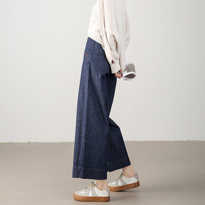 2025  Spring new retro denim wide-leg pants literary dark blue mid-waist loose and thin embroidered versatile nine-point pants