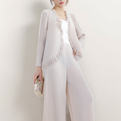2025 Hot-selling women's clothing spring and summer wear a complete set of fringed cardigan drape straight pants temperament versatile two-piece trendy