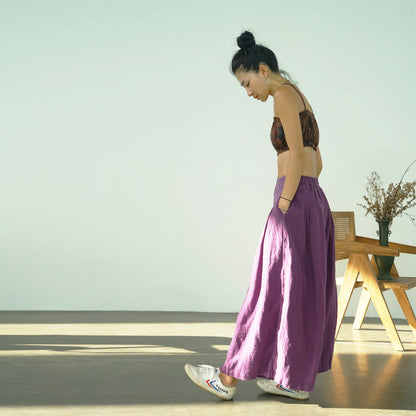 casual literary and artistic thickened linen wide-leg pants for women, high-waisted and thin floor-mopping samurai pants K22298