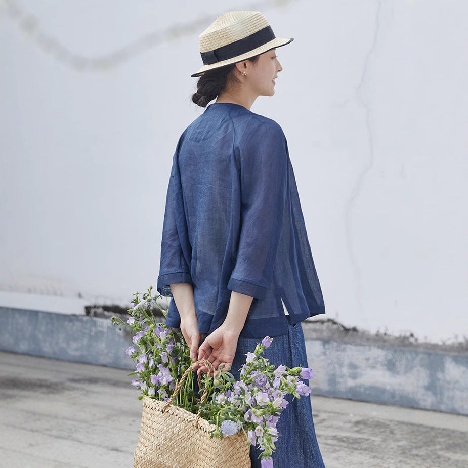 2025 spring and summer shirt ramie diagonal placket lace-up with hand-embroidered V-neck cardigan new Chinese top A0412
