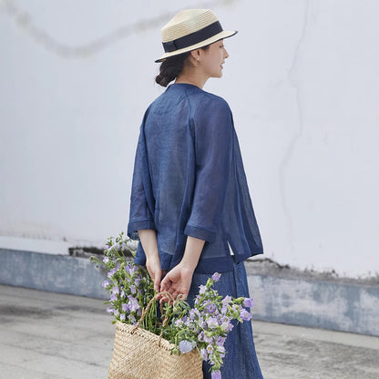 2025 spring and summer shirt ramie diagonal placket lace-up with hand-embroidered V-neck cardigan new Chinese top A0412