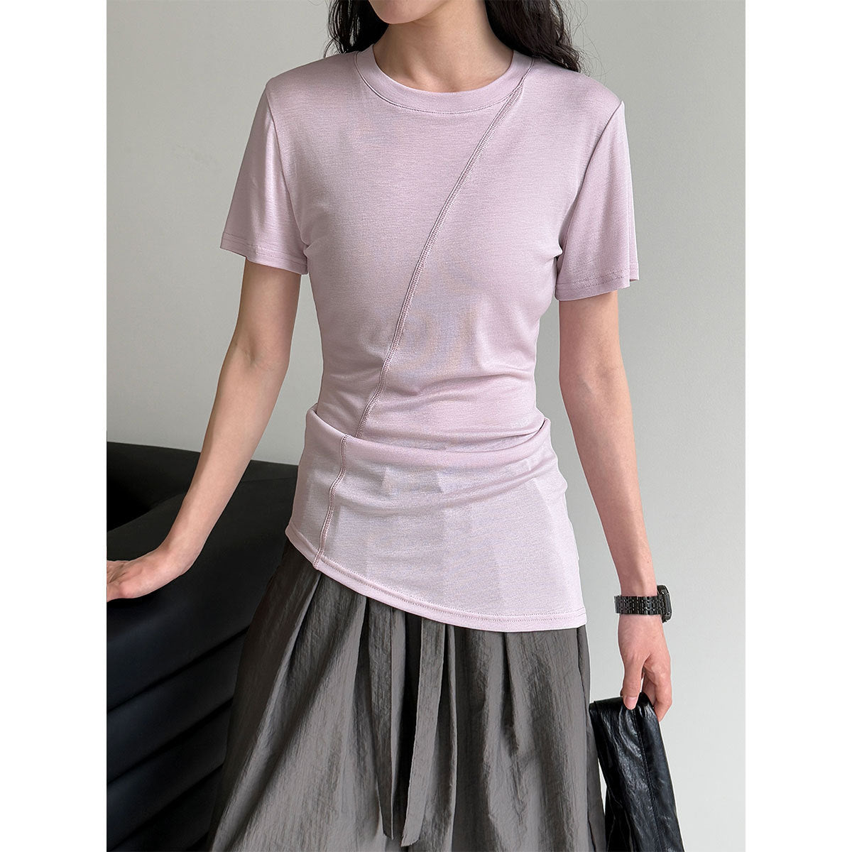Luxi high elastic and thin~ Design sense irregular slim short sleeve women's summer light and thin Lyocell Tencel T-shirt 2687