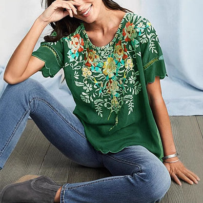 2025 summer  Popular trade women's clothing  short-sleeved embroidered top embroidered shirt crew neck shirt new