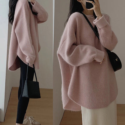 Autumn and winter sweater  new women's clothing loose medium and long lazy style Korean version knitted sweater women's clothing jacket tide