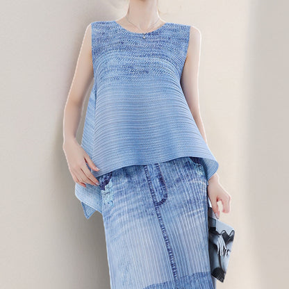 2025 Denim suit summer two-piece set women's fashion new irregular loose T-shirt top fringed hip skirt tide