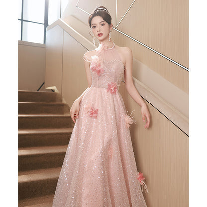 2025 Pink evening dress skirt  spring new neck high sense art test banquet long dress annual meeting party performance clothes