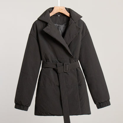 KKBOXLY Cross-border lapel cotton clothes, 2025 New winter new thickened and thin waist cotton clothes, solid color belt cotton clothes jacket