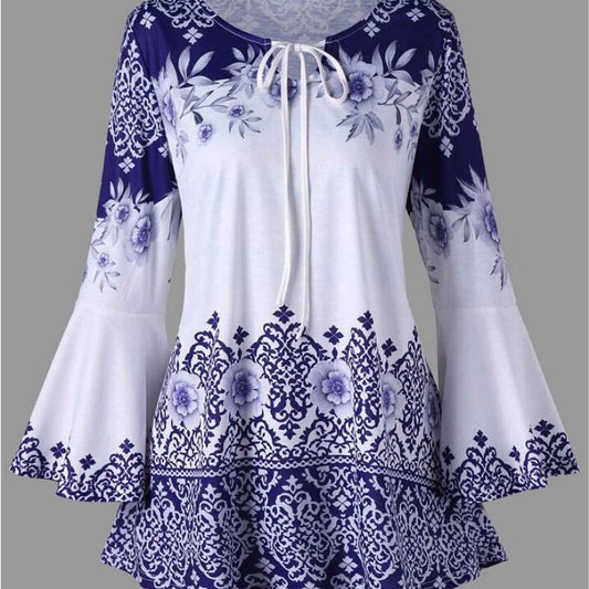 VLOVELAW European and American New  Women's Clothing Printing Long Horn Sleeve Lace-up T-shirt Slim Long Sleeve plus Size Women's Clothing