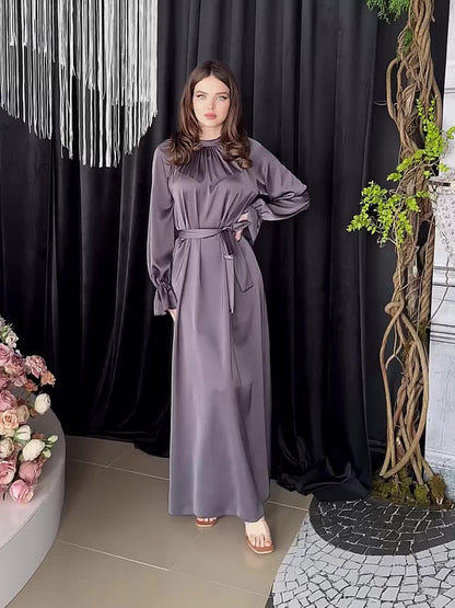 VLOVELAW Cross-Border European and American  Autumn New  Solid Color Satin Long Sleeve Loose Dress Belt Women's Clothing