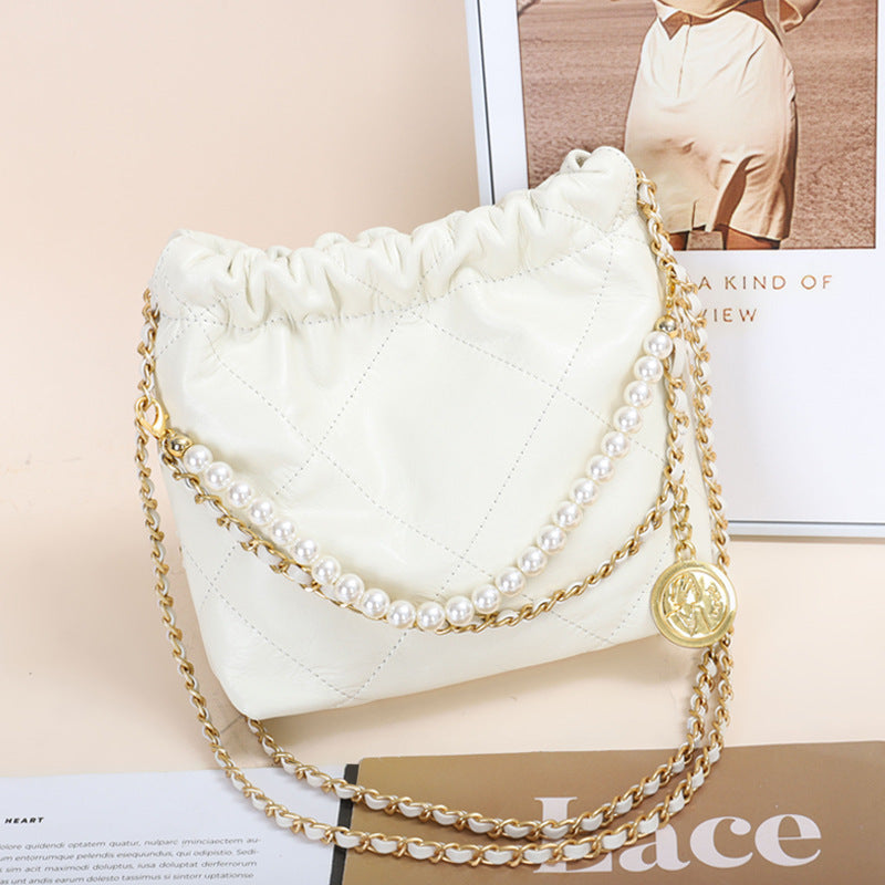 VLOVELAW 2025 New fashion gold coin hippie bag genuine leather rhombus chain shoulder messenger bag women's first layer cowhide pearl bucket bag
