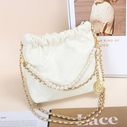 VLOVELAW 2025 New fashion gold coin hippie bag genuine leather rhombus chain shoulder messenger bag women's first layer cowhide pearl bucket bag