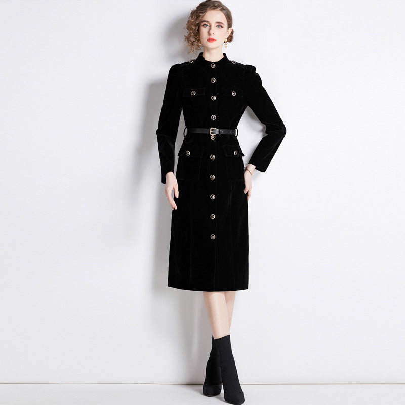 Black velvet trench coat women's  autumn and winter new Hepburn style stand-up collar slim fit medium and long coat tide