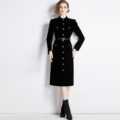 Black velvet trench coat women's  autumn and winter new Hepburn style stand-up collar slim fit medium and long coat tide
