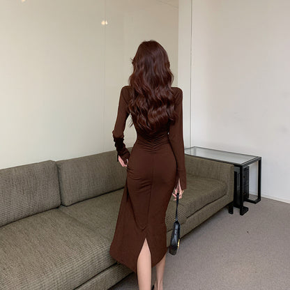 2025 2025 early autumn new Popularan, 2025n and small Korean version temperament long lapel dress slim and thin split skirt