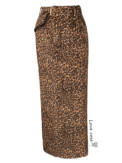 popular autumn new women's skirt, leopard print high waist medium and long versatile split skirt, waist straight skirt