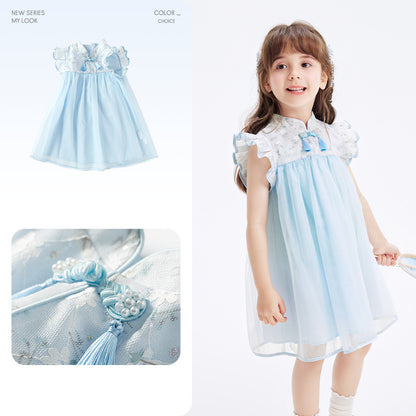 VLOVELAW Girls Dress Baby  Spring and Summer New Children's Mesh National Style Cheongsam and Dress Pure Cotton Princess Style