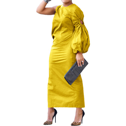 VLOVELAW Bn295 Cross-Border Foreign Trade European and American Women's Clothing Autumn New Solid Color Single Sleeve Hollow-out Side Slit Dress
