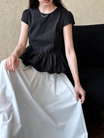 Luxi, temperament versatile splicing pleated hem lace T-shirt spring and summer new simple niche top short sleeve 8739