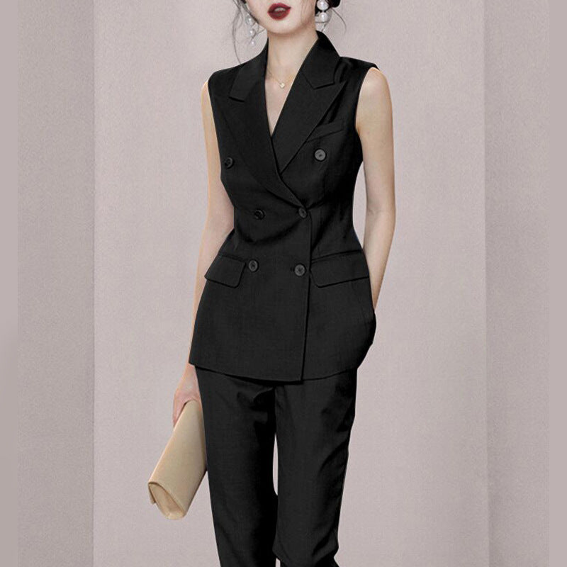 summer new dark blue double-breasted suit collar sleeveless vest professional women's nine-point pants suit suit women