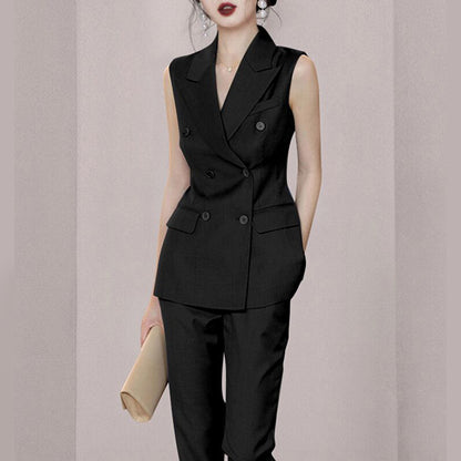 summer new dark blue double-breasted suit collar sleeveless vest professional women's nine-point pants suit suit women