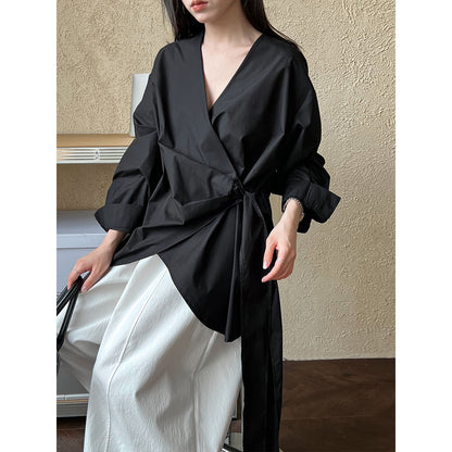 Luxi, Korean irregular waist strap shirt women's spring casual niche design one-piece top 3563