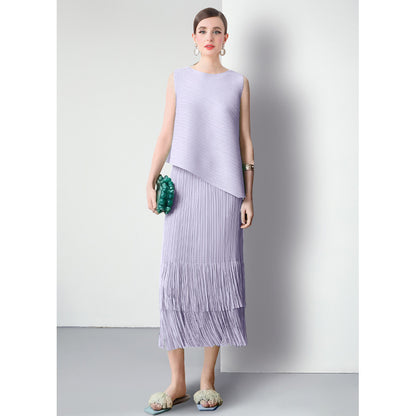 Miyake fashion pleated suit women's summer style Popular style sweet irregular vest top fringed skirt two-piece set