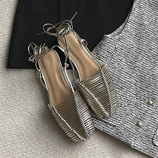 VLOVELAW  Sheepskin Version ~  Niche Ankle Ring Bandage Cloth Genuine Leather Roman Sandals Women's Summer Flat Toe Box Woven Sandals 2025