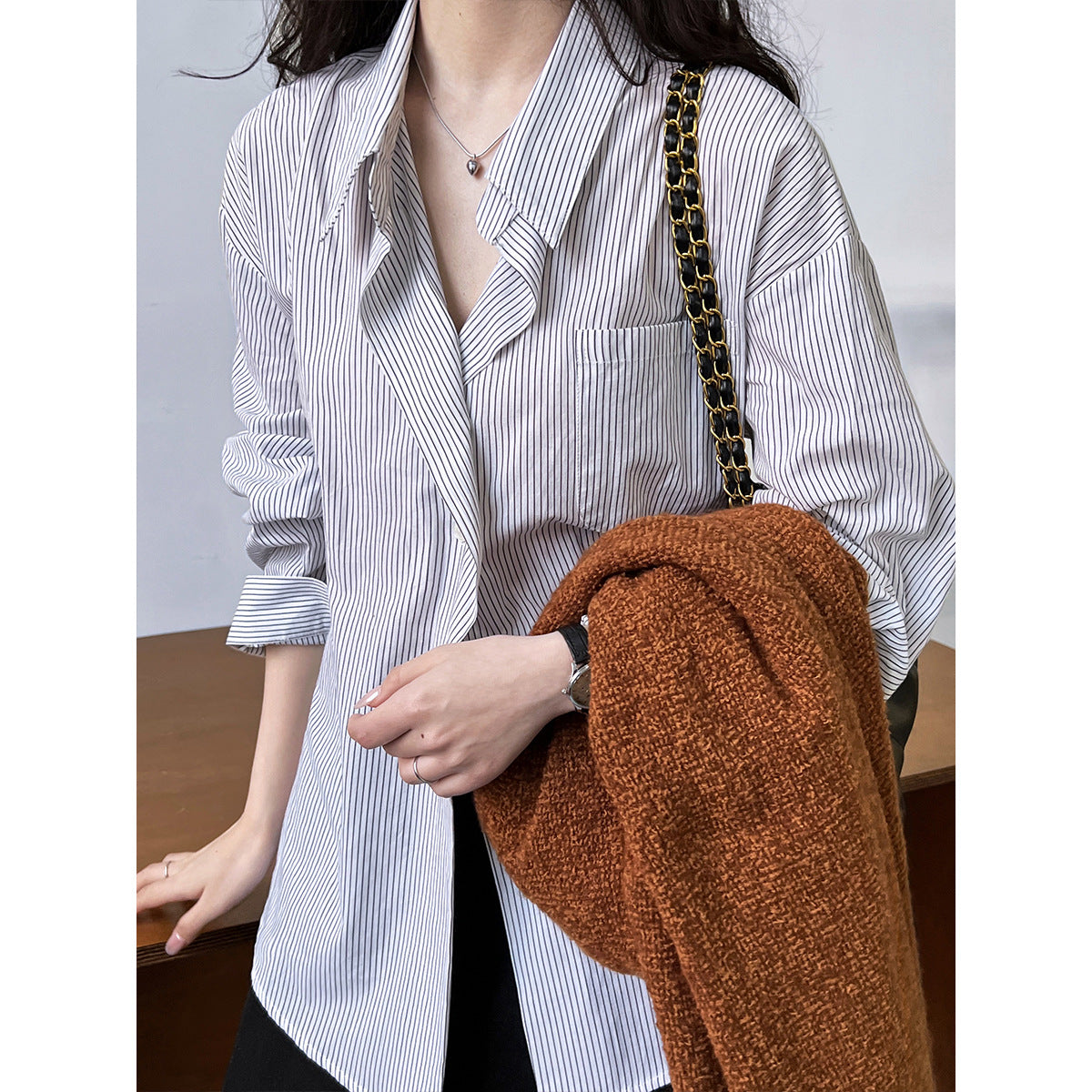 Luxi Port Style Temperament Striped Shirt Women's Spring Lazy Loose Salt Wear Off-Shoulder Sleeve Shirt Jacket 7059