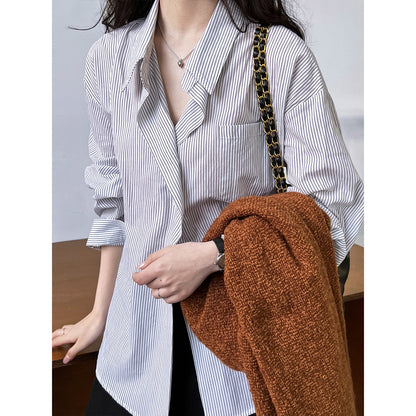 Luxi Port Style Temperament Striped Shirt Women's Spring Lazy Loose Salt Wear Off-Shoulder Sleeve Shirt Jacket 7059