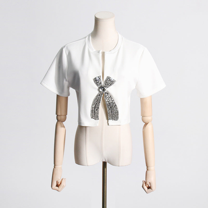 2025 summer new diamond sequined bow design short-sleeved T-shirt women's niche design short top