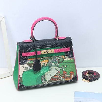 VLOVELAW 2025 New Fashion Printed Graffiti Kai Bag Cartoon Pattern Leather Women's Bag First Layer Cowhide One Shoulder Crossbody Handbag