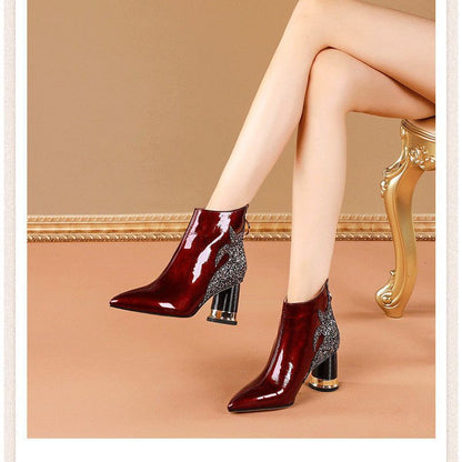 New Soft Leather Short Boots Women's Thick Heel Patent Leather Wine Red High Heel Boots Spring, Autumn and Winter Women's Fleece-Lined Boots