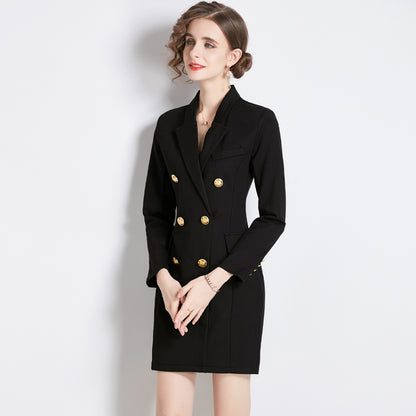 Black dress long sleeve  new autumn dress double breasted commuting temperament Korean version thin suit skirt