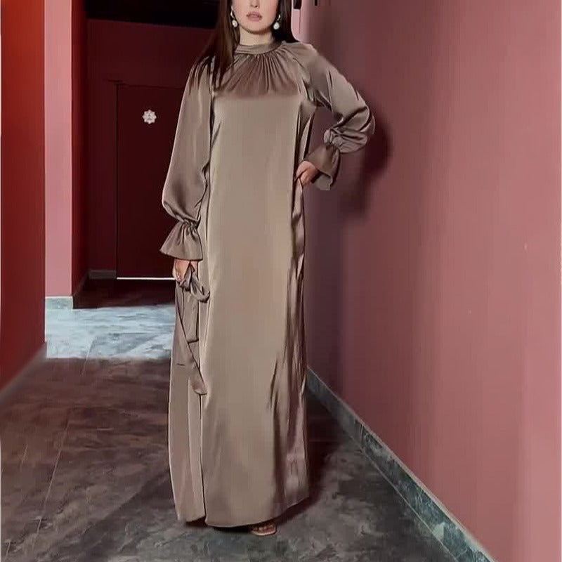 VLOVELAW Cross-Border European and American  Autumn New  Solid Color Satin Long Sleeve Loose Dress Belt Women's Clothing