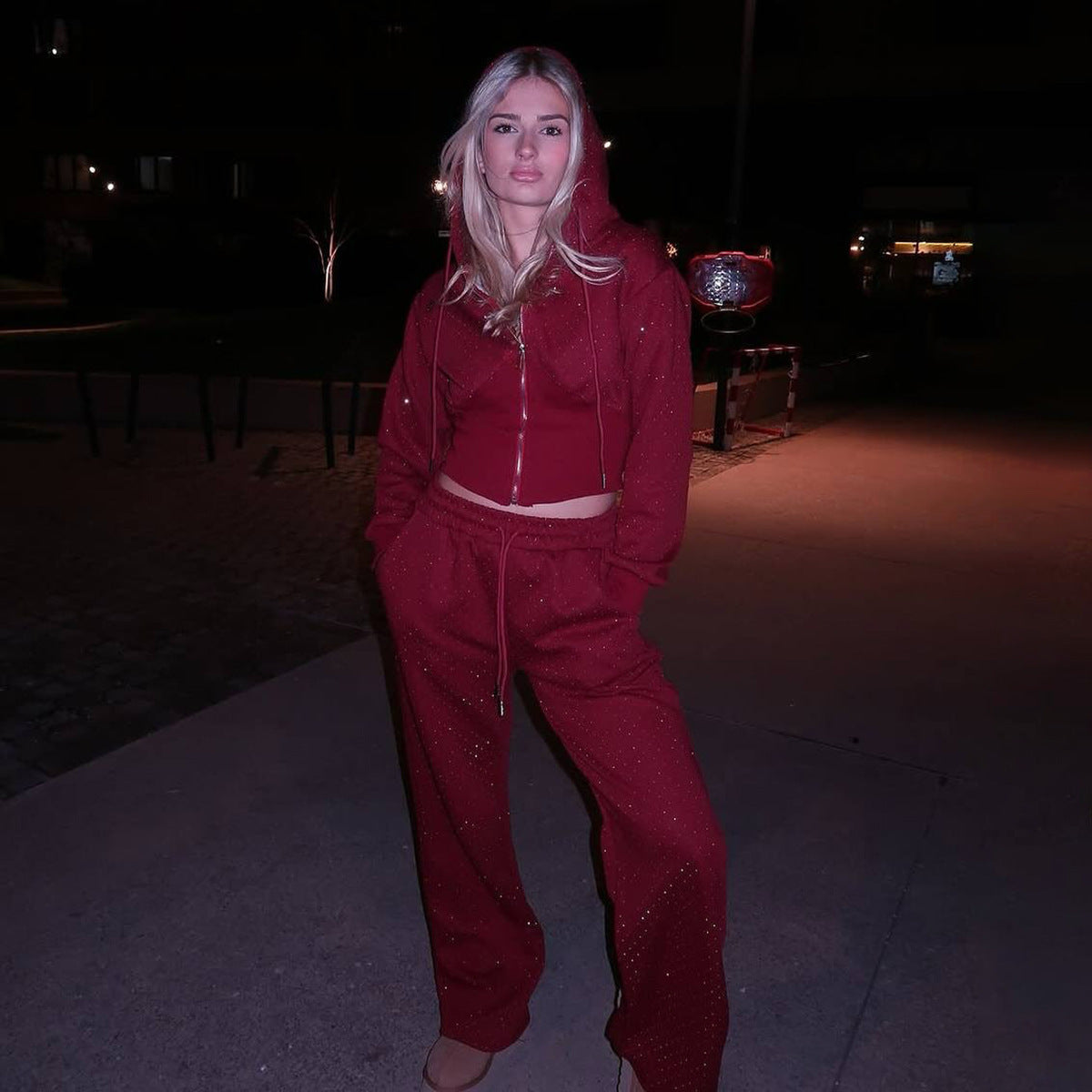 Popularan beautiful women's fashion waist open button hot diamond hooded sweater straight pants set design sense casual sportswear women