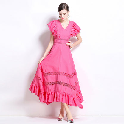 Crew neck lantern sleeve pleated waist princess style printing dress skirt mesh splicing dress  spring new