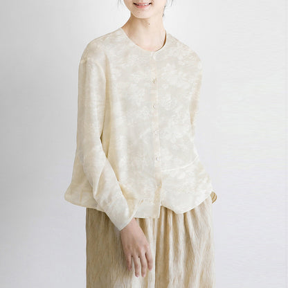 New Chinese top women's summer, shirt women's spring and summer, Chinese women's clothing, beige round neck casual cardigan B0456